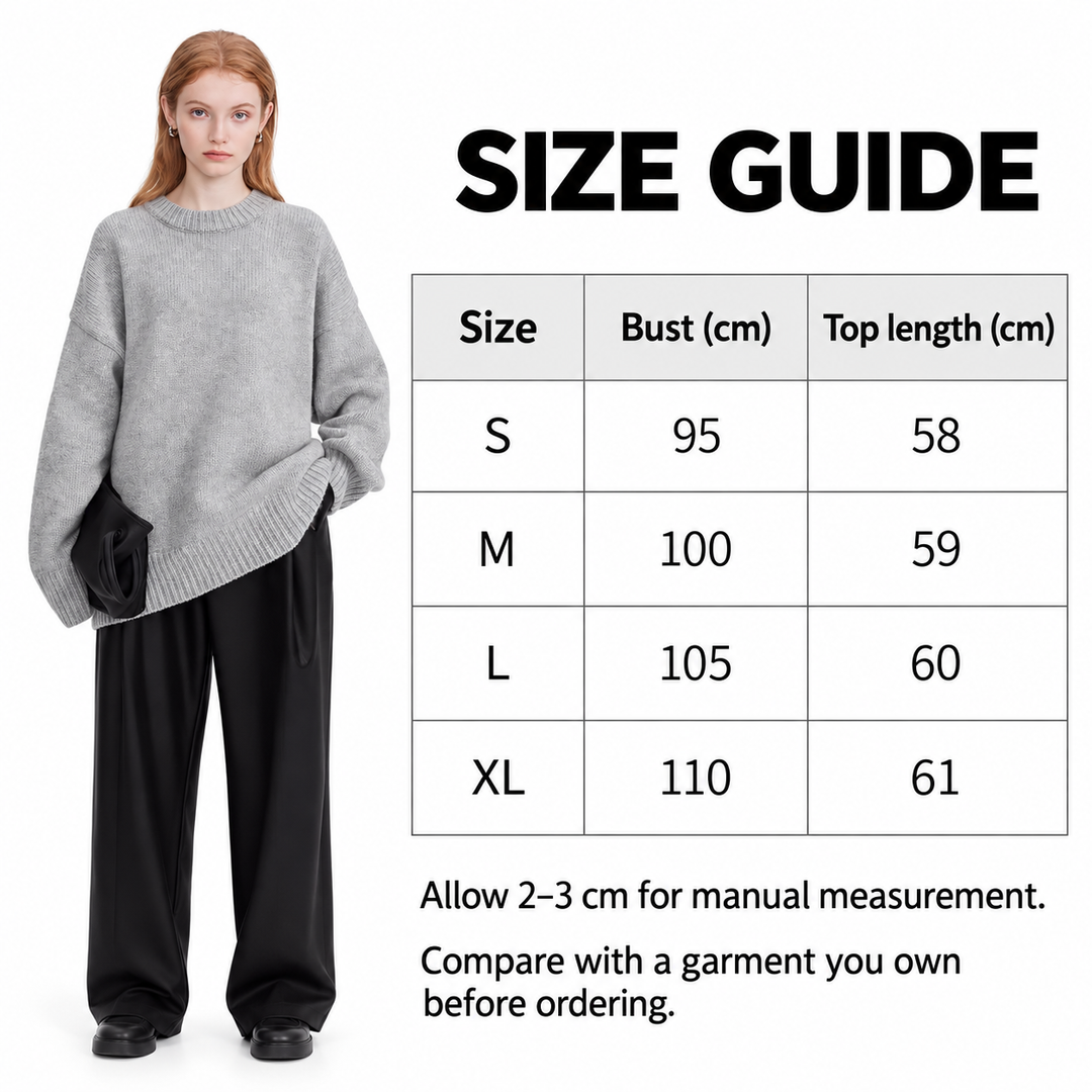 Pullover size guide with light grey model and exact bust and top length measurements in centimetres for sizes S, M, L and XL.