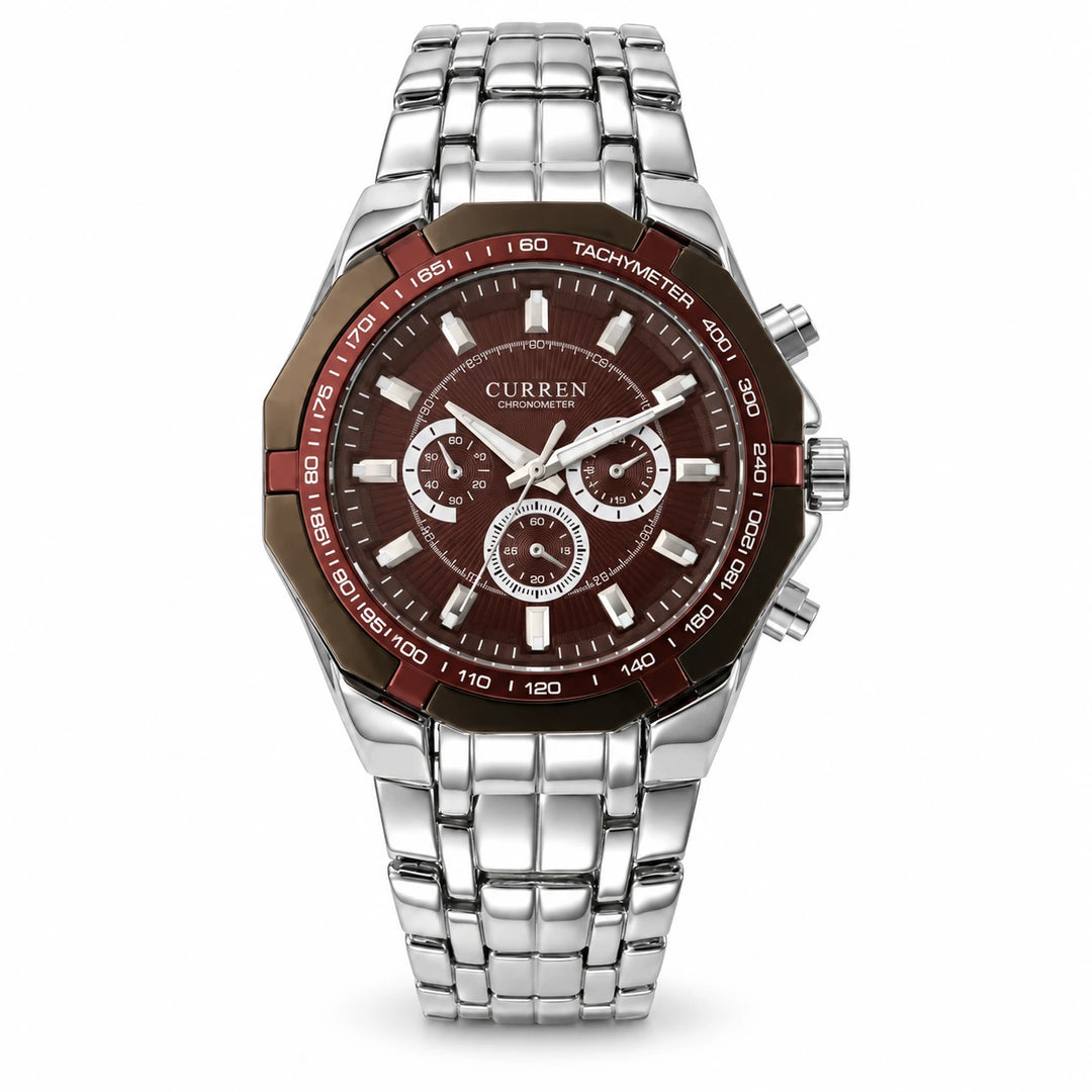 CURREN 8084 Coffee Case Red Dial variant with a brown bezel and silver stainless steel bracelet.
