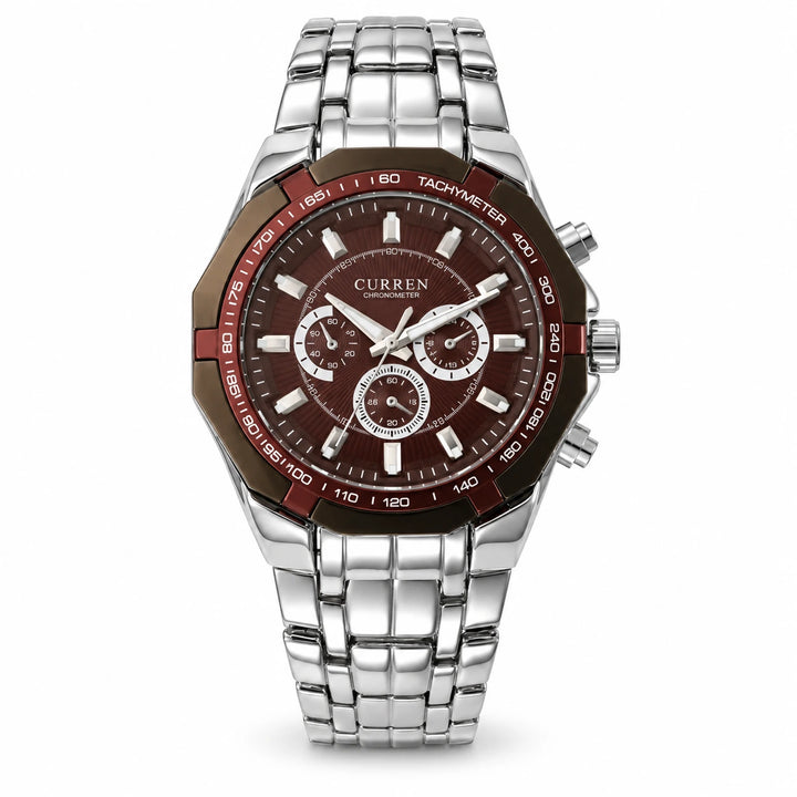 CURREN 8084 Coffee Case Red Dial variant with a brown bezel and silver stainless steel bracelet.