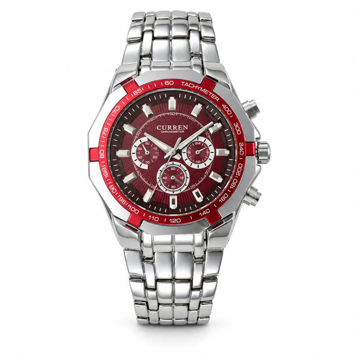 CURREN 8084 Silver Case Red Dial variant with a red bezel and silver stainless steel bracelet.