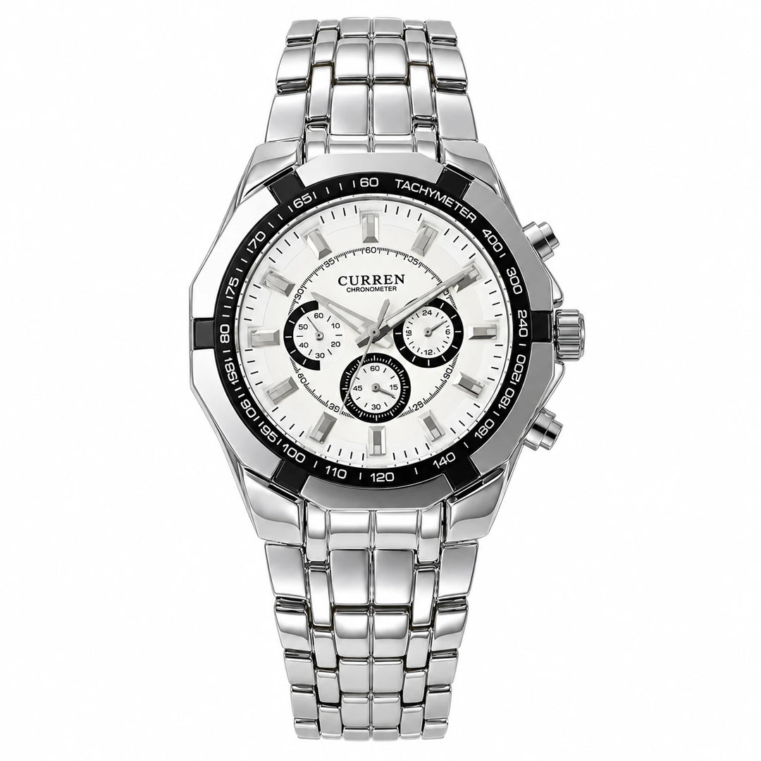 CURREN 8084 Silver Case White Dial variant with a black bezel and silver stainless steel bracelet.