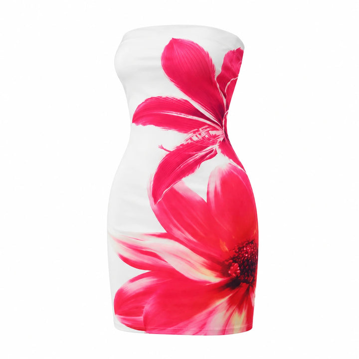 Side view of the rose red floral tube dress showing its fitted strapless shape.