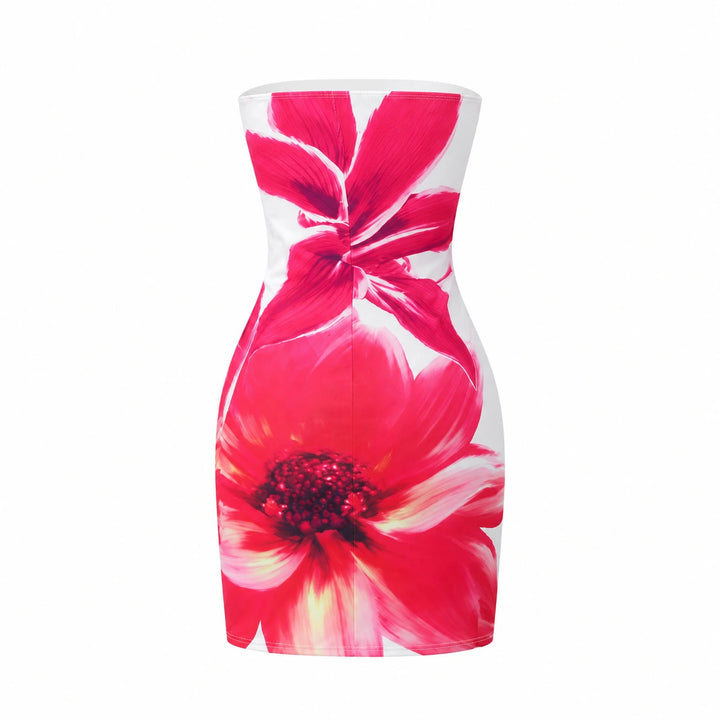 Back of the rose red strapless floral dress with the original large flower print.
