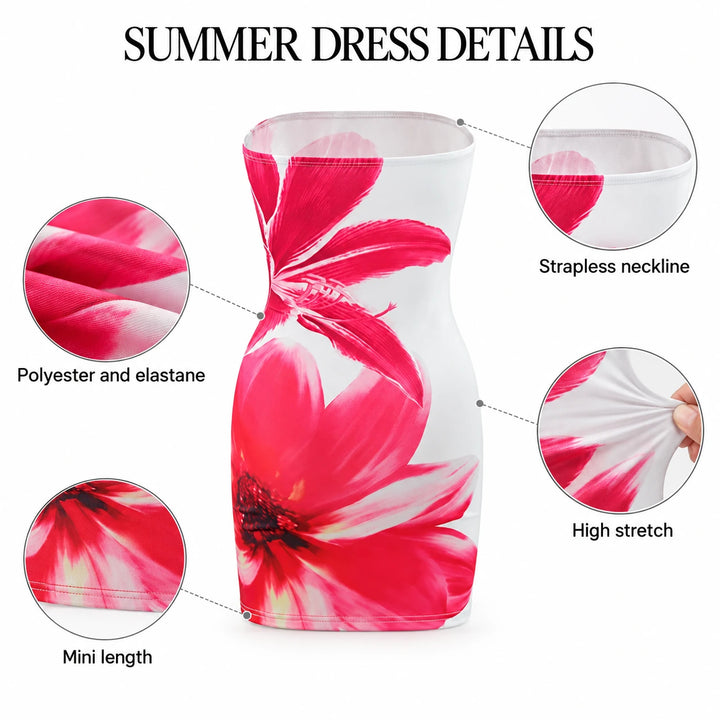 Floral tube dress feature guide with strapless neckline, mini length and verified high-stretch fabric.