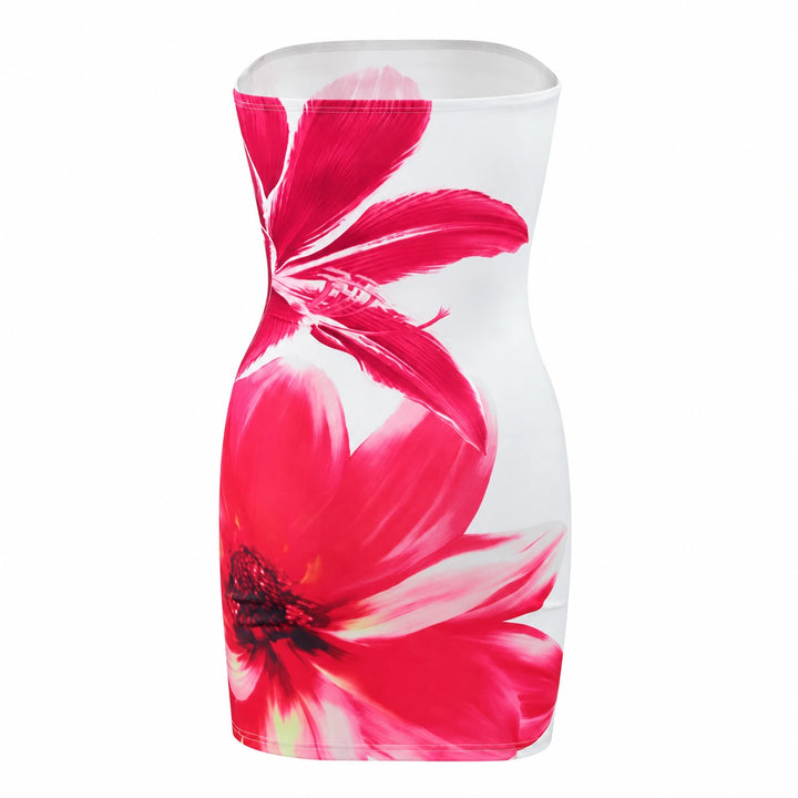 Rose red floral strapless mini tube dress, full front view on white.