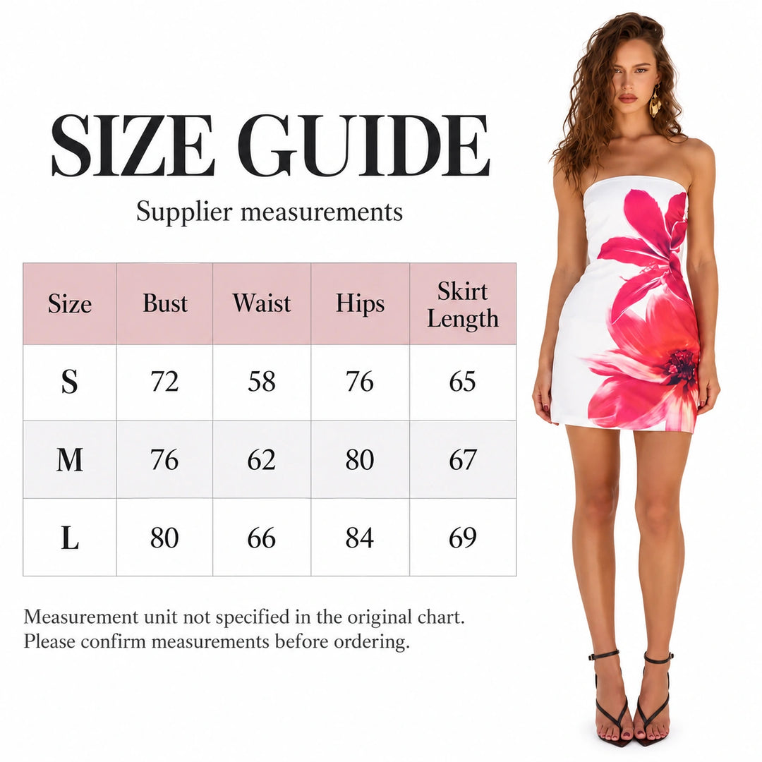 Floral strapless dress size chart with model for S, M and L; measurement unit is not specified.