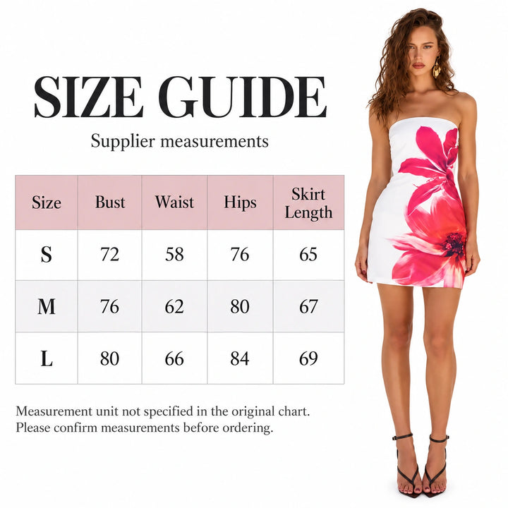 Floral strapless dress size chart with model for S, M and L; measurement unit is not specified.