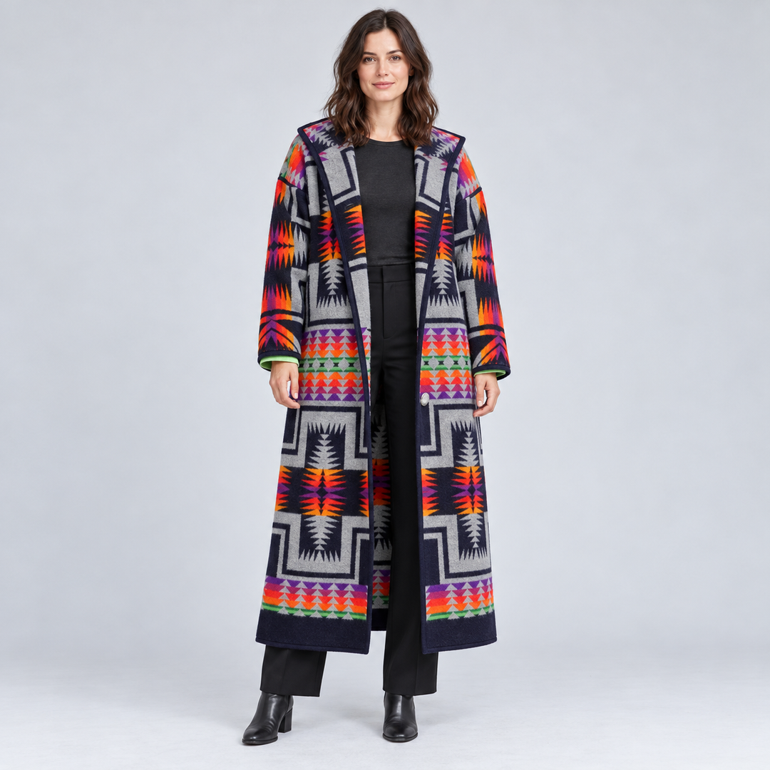 Full-body front view of the geometric print long coat styled with black trousers and boots.