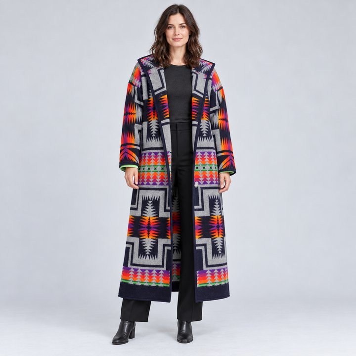 Full-body front view of the geometric print long coat styled with black trousers and boots.