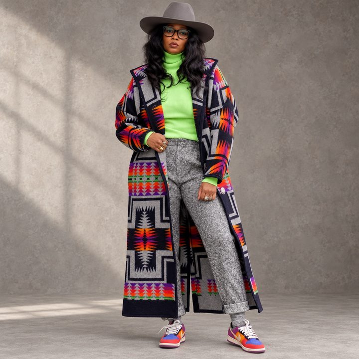 Full-body model wearing the geometric print long coat in a neutral gray studio.