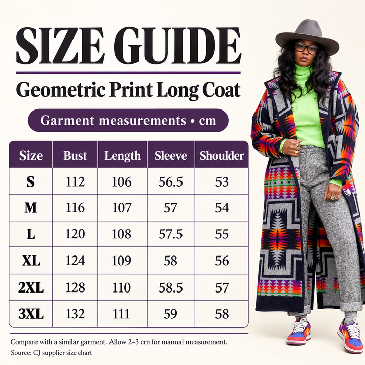 Garment size guide for the geometric print long coat, S to 3XL, measurements in centimeters.