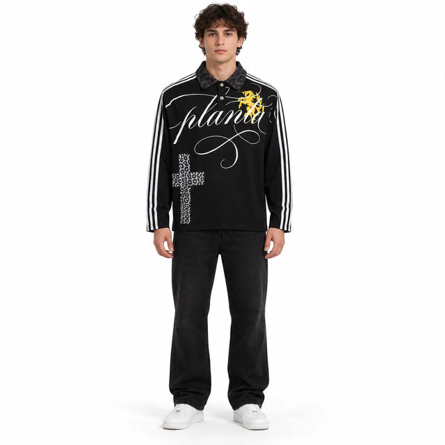 Gothic Polo Shirt Unisex with Cross and Striped Sleeves
