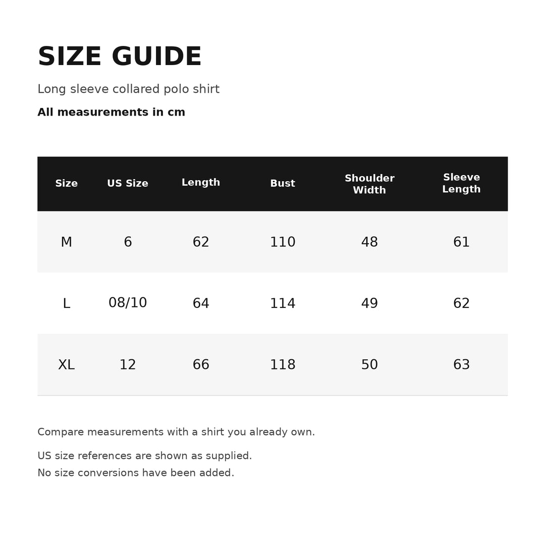 Detailed size guide for the collared polo shirt in M, L and XL, listing length, bust, shoulder and sleeve measurements in cm.