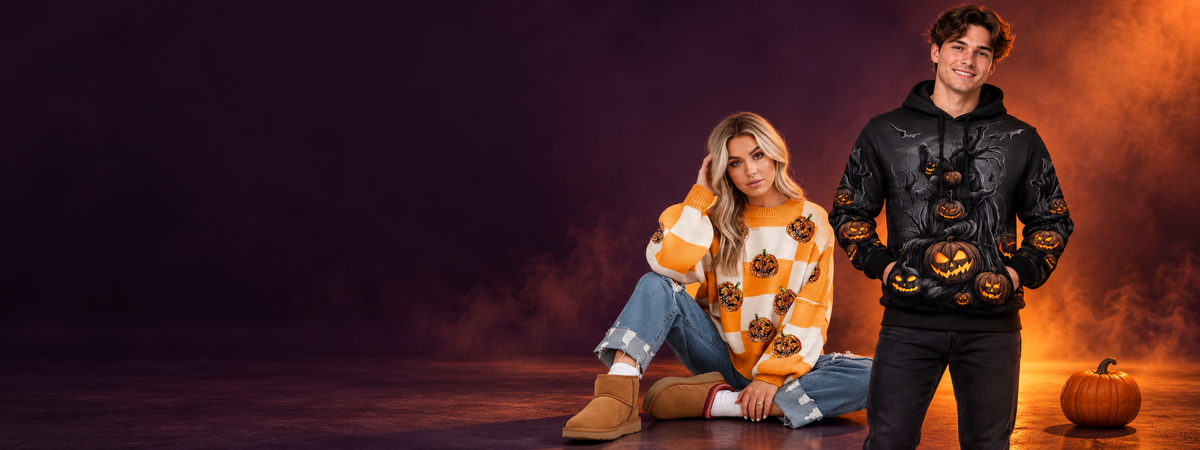 Models wearing the pumpkin checkered sweater and haunted-tree Halloween hoodie sold by PrintOne1
