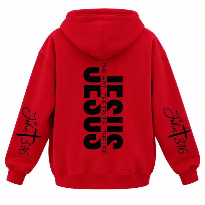Back of the red graphic pullover hoodie with black lettering and long sleeves.