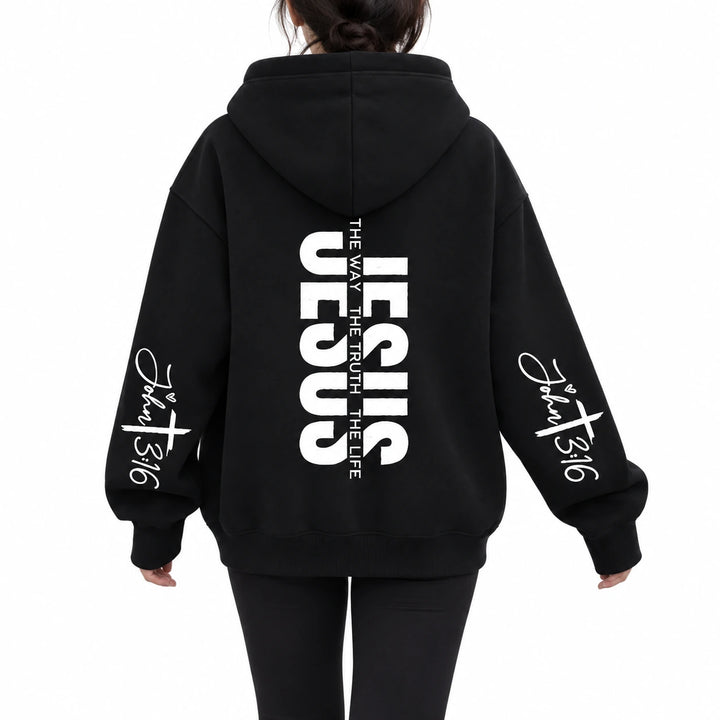 Jesus hoodie design 4, black with white graphics, shown from behind on a white studio background.