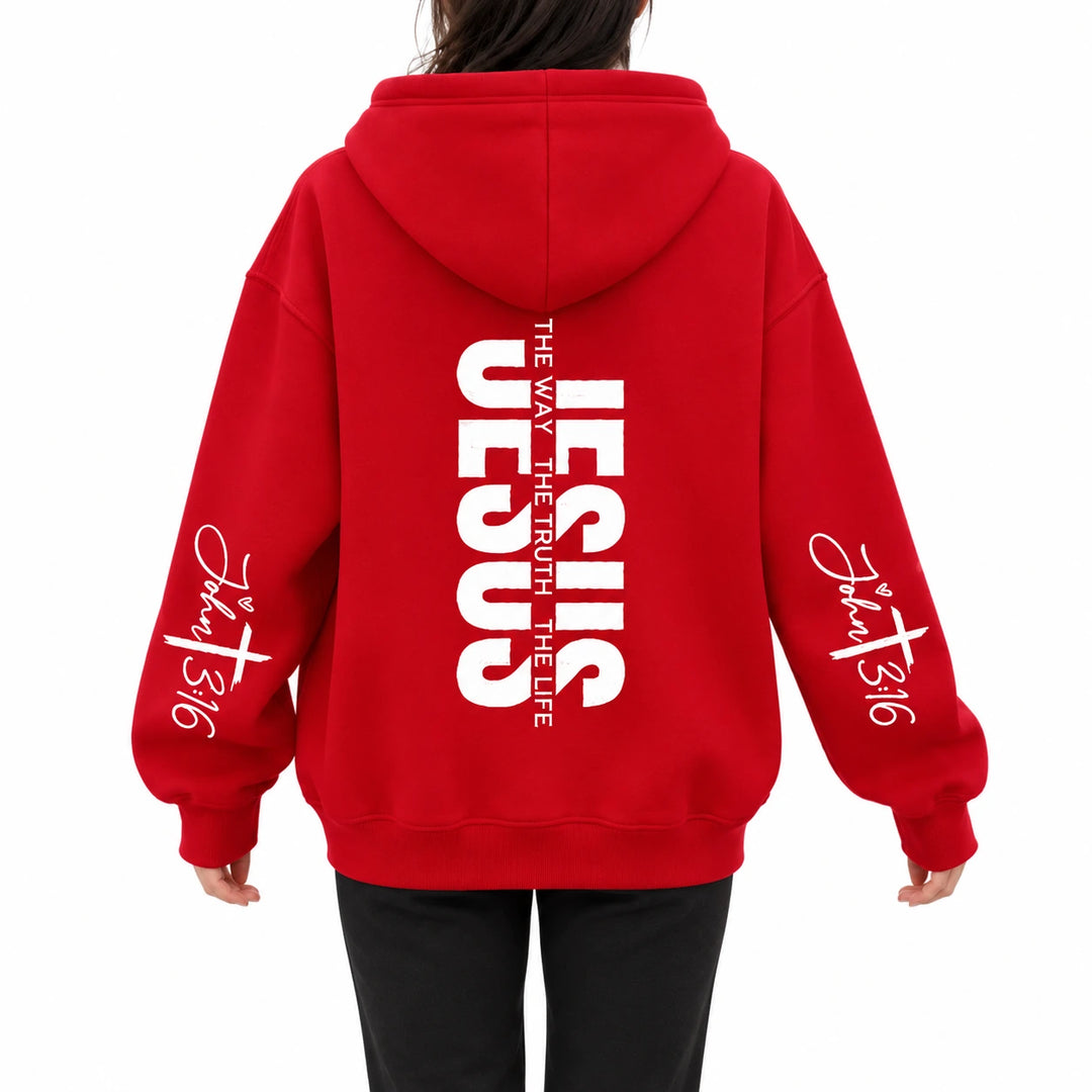 Jesus hoodie design 5, red with white graphics, shown from behind on a white studio background.