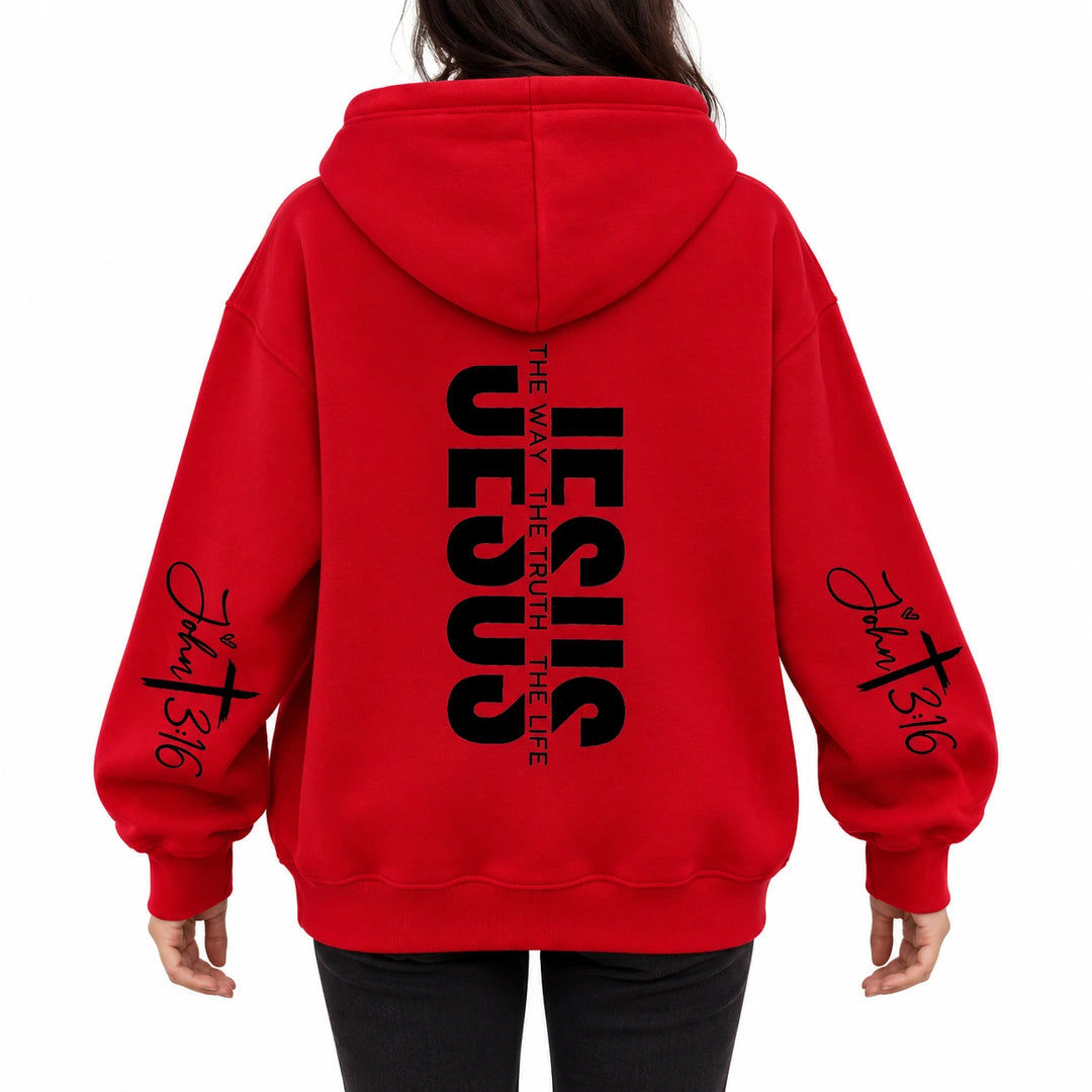 Jesus hoodie design 1 in red with black back and sleeve graphics, shown from behind.