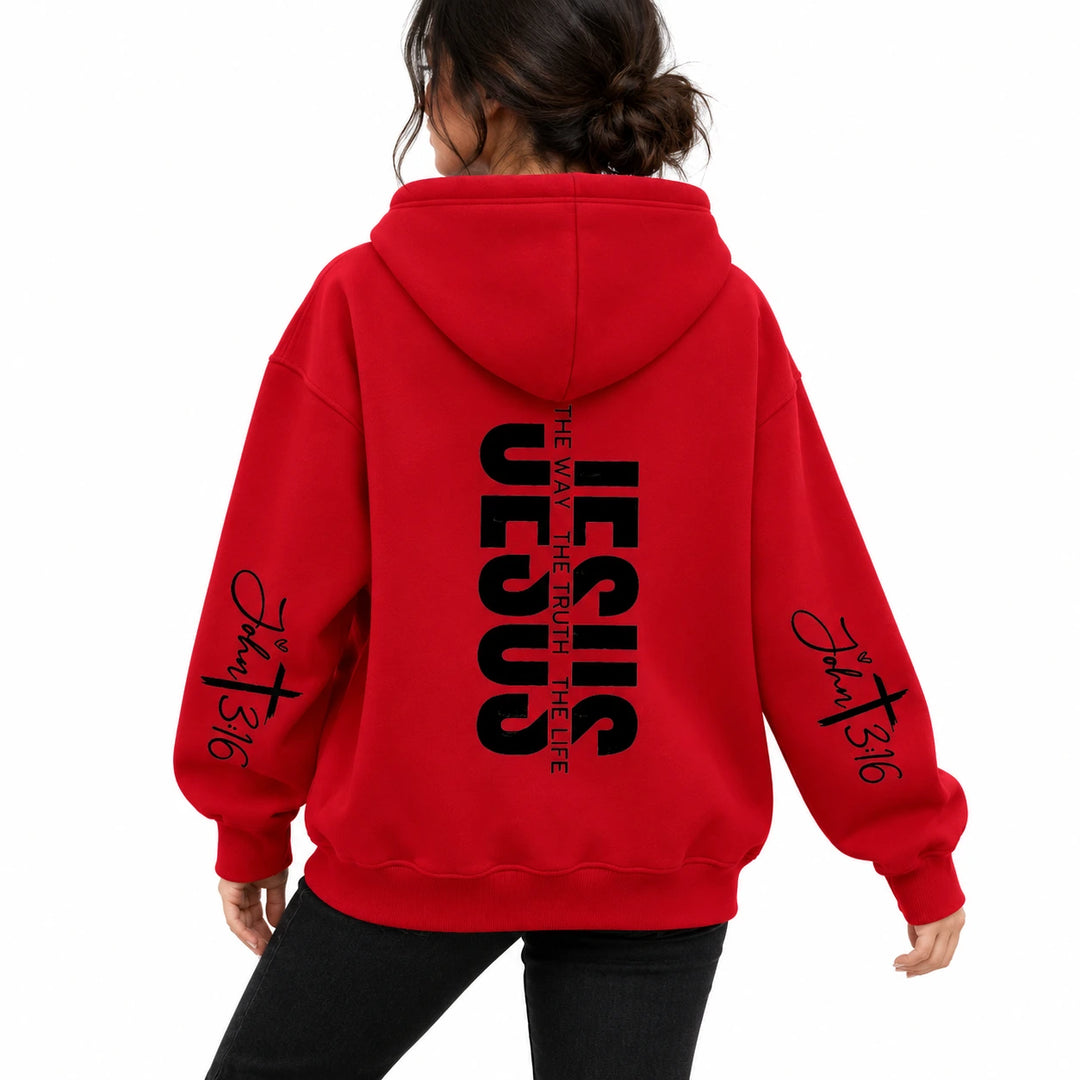 Rear three-quarter model view of the red printed hoodie with the hood down.