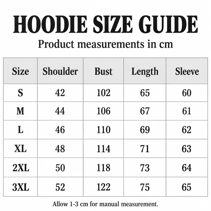 Hoodie size chart in cm for S to 3XL, showing shoulder, bust, length and sleeve measurements.