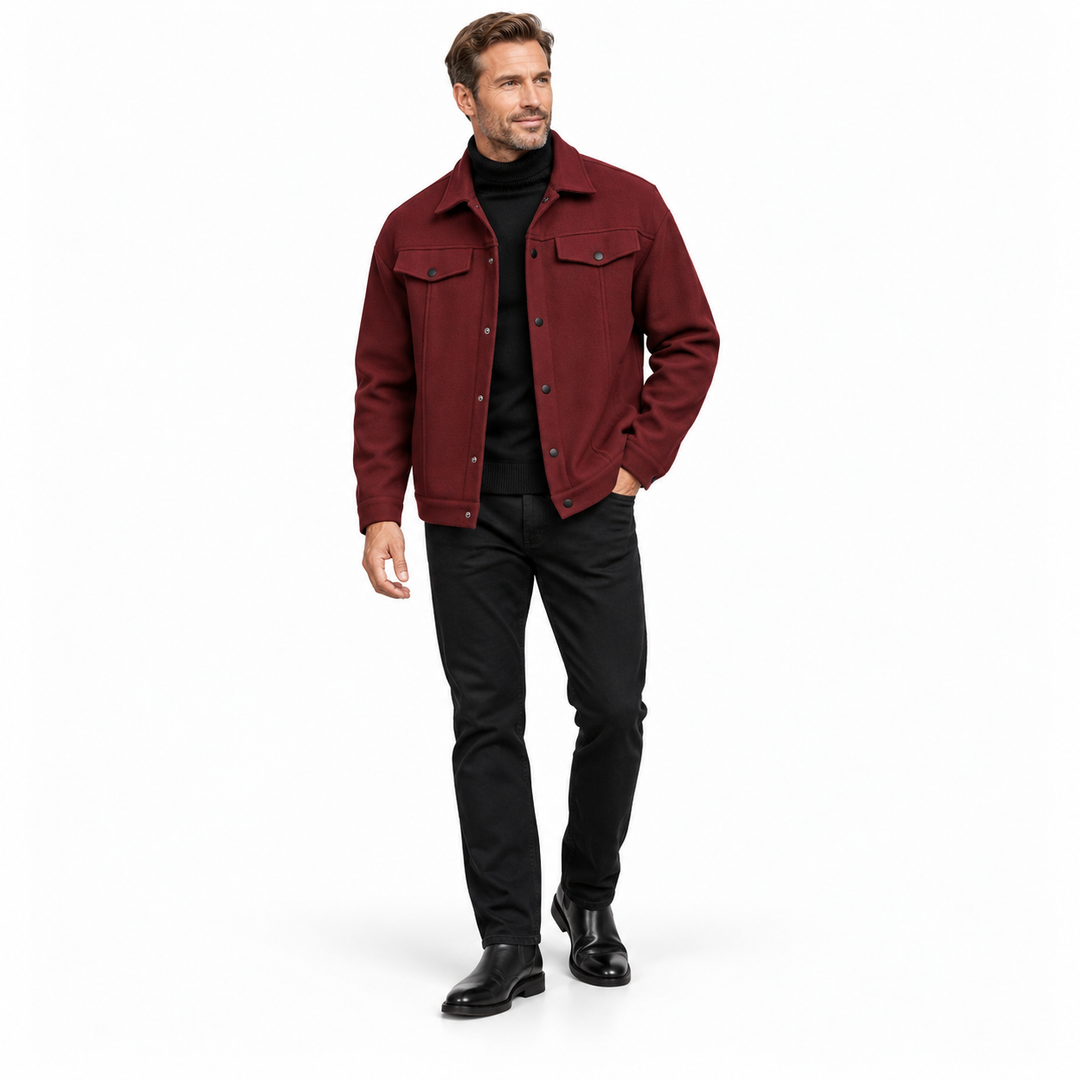 Wine red jacket on a second adult male model, full body, with a black turtleneck and trousers against plain white background.