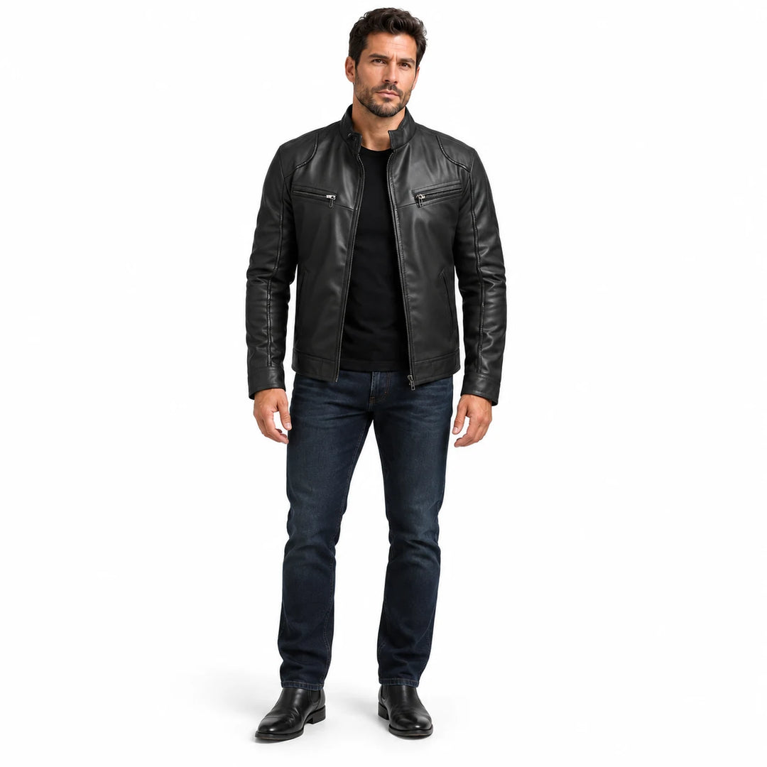 Men's faux leather jacket in black, front view on a full-body male model with a black tee and dark jeans on a white backdrop.