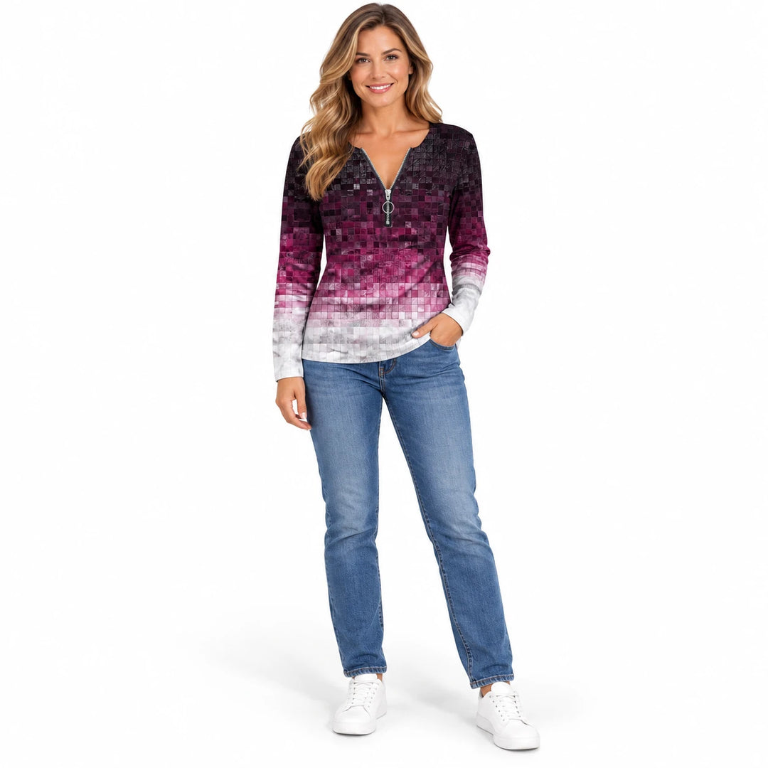 Women's half-zip top in Burgundy Ombre (G43Z727), full-body model view on a white studio background.
