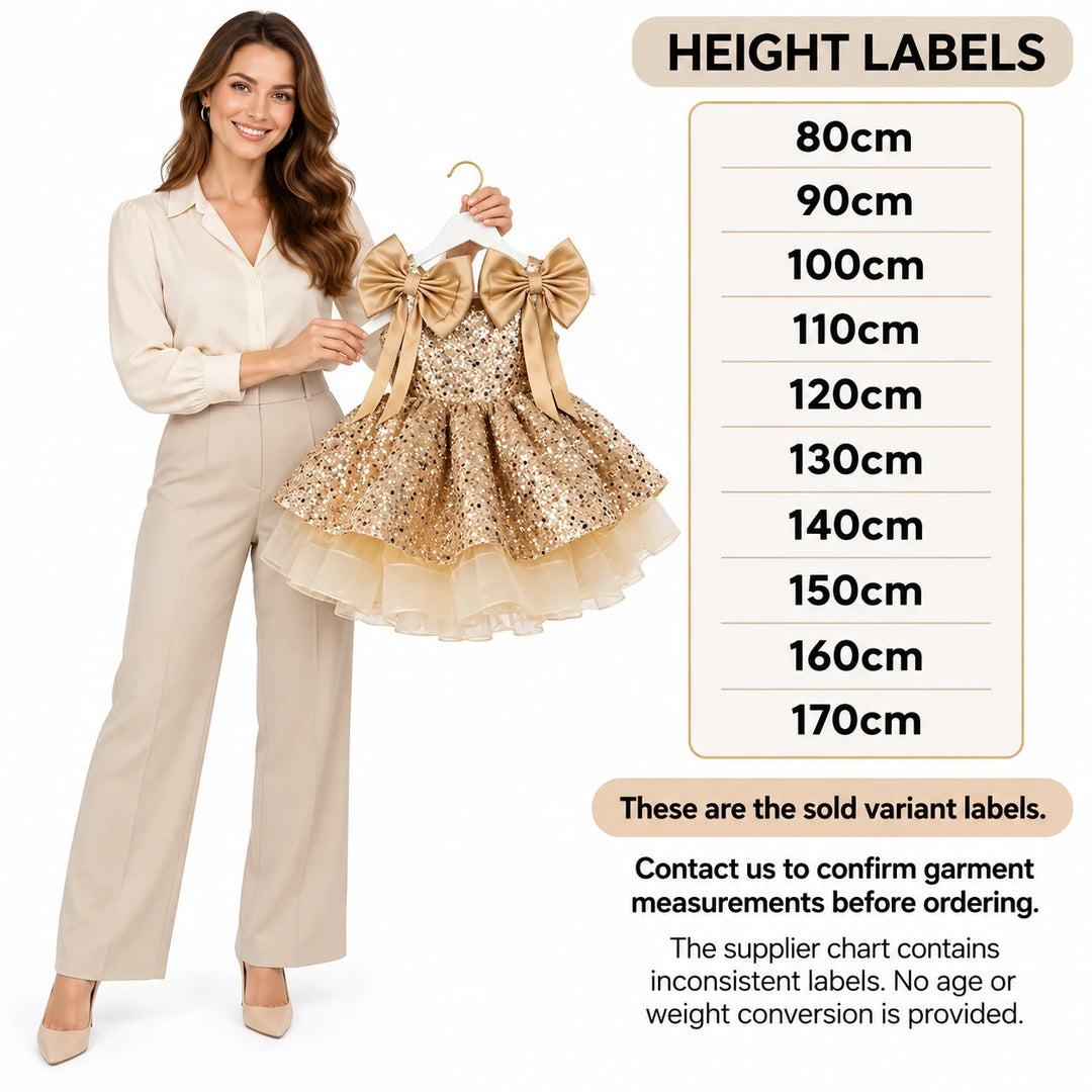 Height label selection guide beside an adult model holding a champagne dress, with 80cm-170cm options and sizing information.