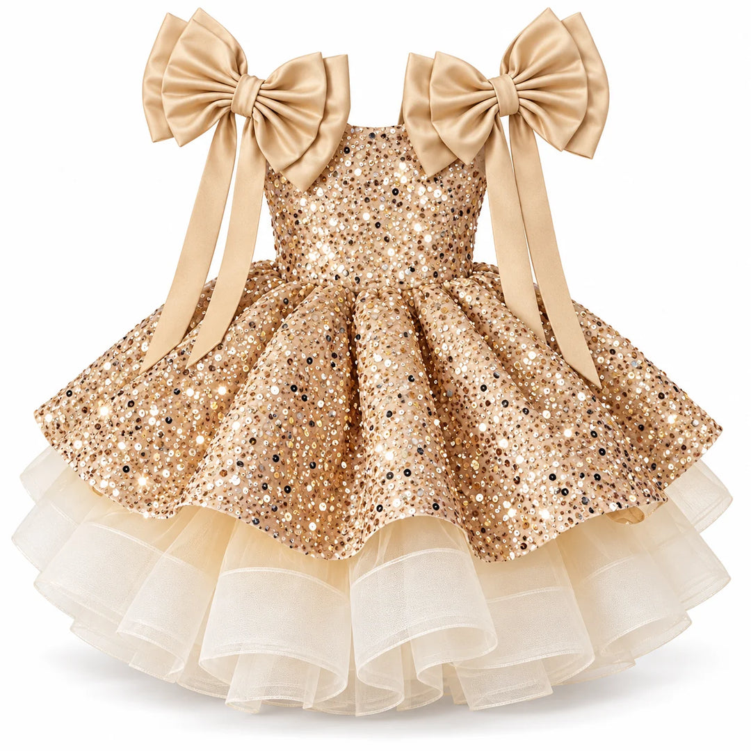 Champagne princess dress with big shoulder bows, a sequin bodice and layered ivory tulle, shown on a white studio background.