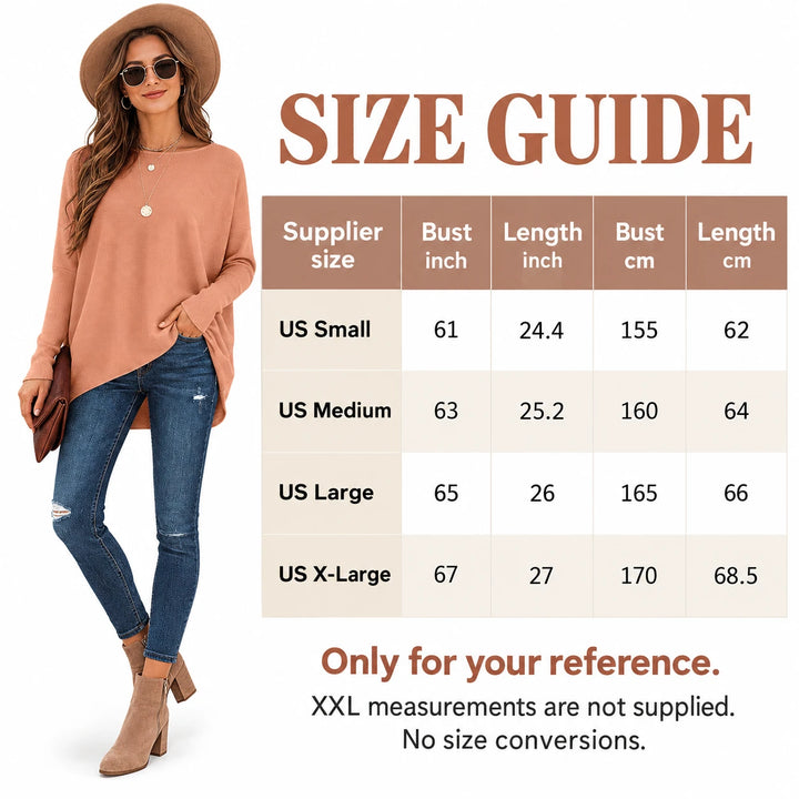 Amber batwing pullover size guide with an adult model and supplier US size labels, bust, and length figures in cm and inches.