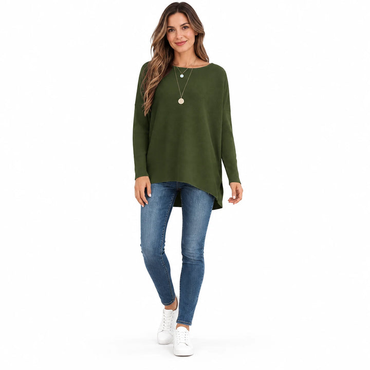 Adult woman modelling the Army Green batwing sleeve pullover, in a front studio pose against a plain white studio background.