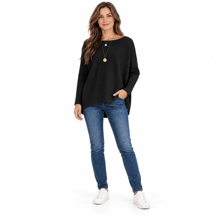 Adult woman modelling the Black batwing sleeve pullover, in a full-length front view against a plain white studio background.