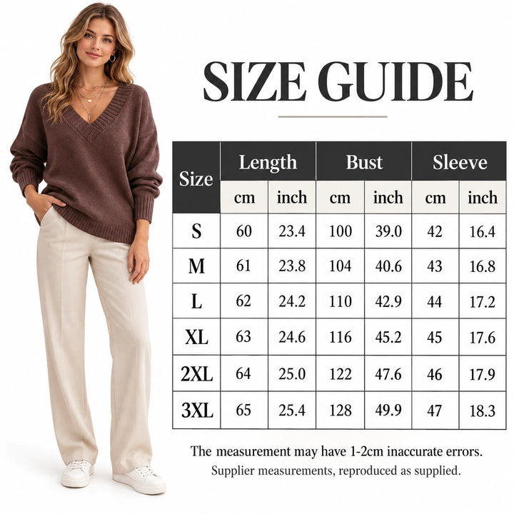 Coffee V-neck sweater size guide with an adult model and supplied length, bust, and sleeve figures in centimetres and inches.