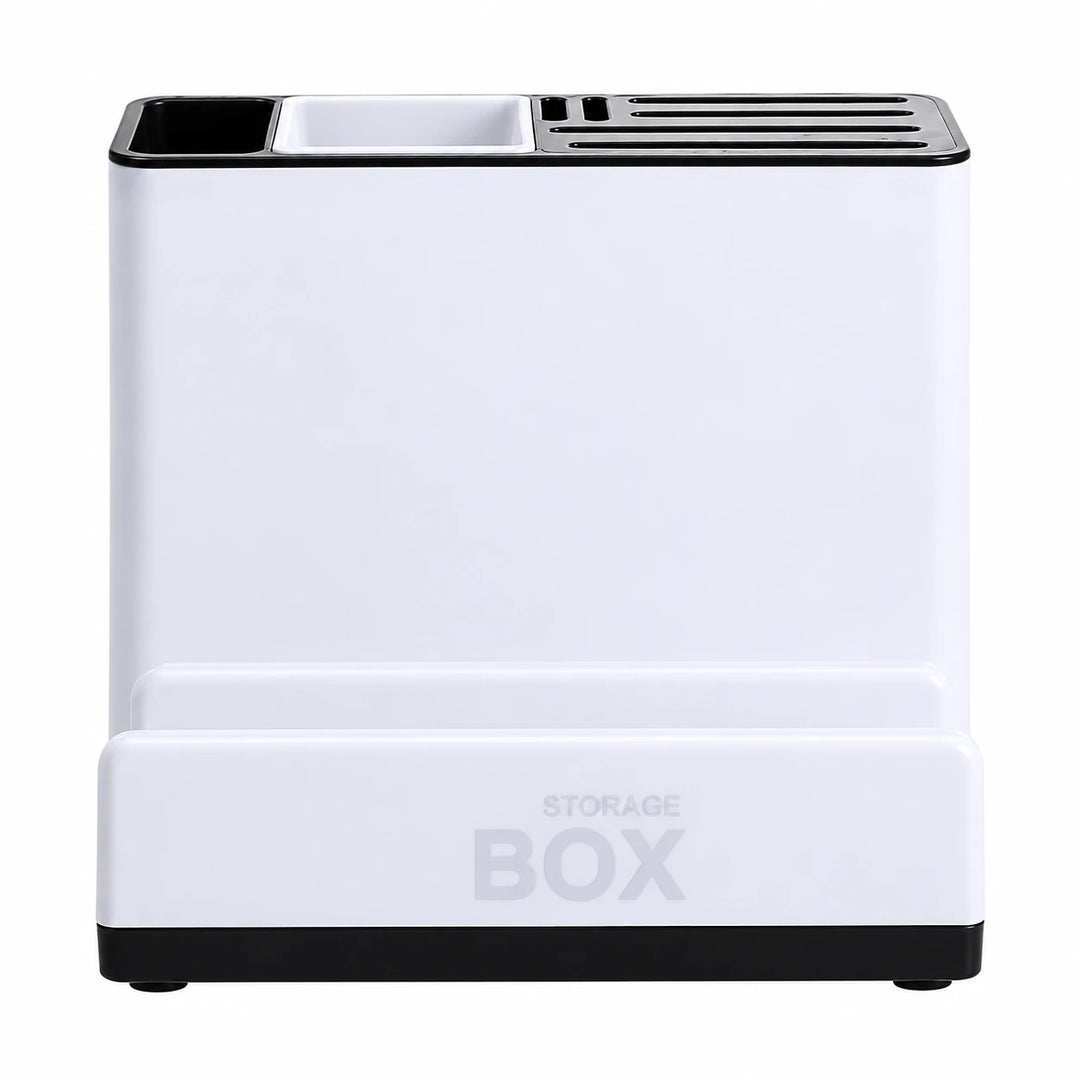 Front studio view of the white plastic organizer showing its black upper rim, divided storage opening and raised front shelf.