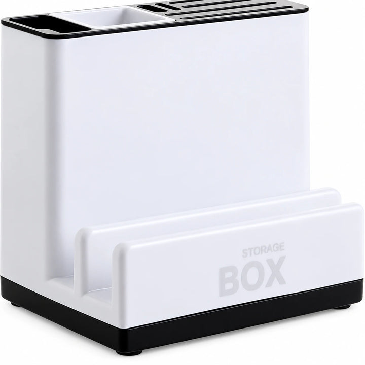 Front view of the organizer displaying the lower black base, white plastic body, and raised shelf with Storage Box lettering.