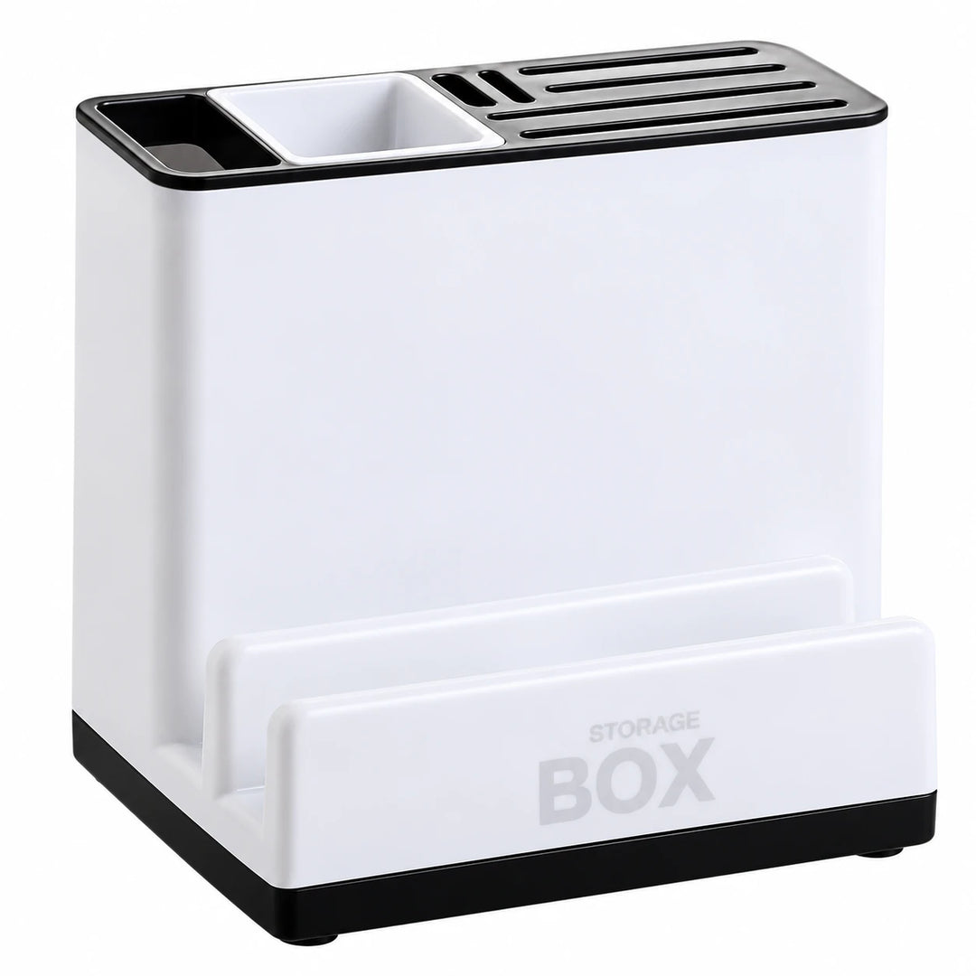 A front angle of the white plastic organizer displaying the divided upper opening, narrow knife slots and raised front shelf.
