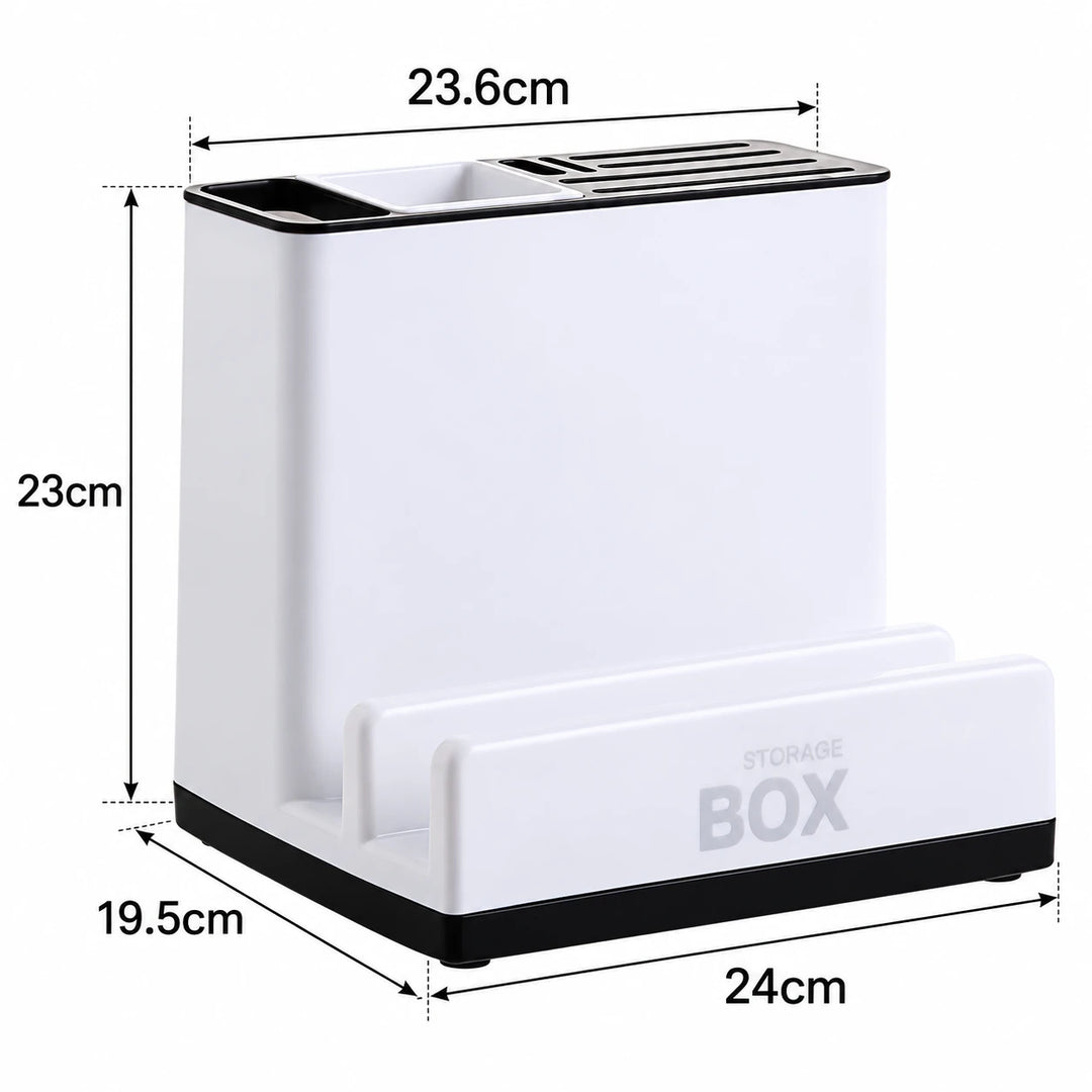 White plastic organizer dimension diagram, listing the 24cm base width, 19.5cm depth, 23cm height and 23.6cm upper body width