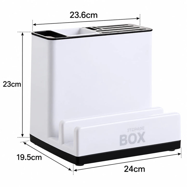 White plastic organizer dimension diagram, listing the 24cm base width, 19.5cm depth, 23cm height and 23.6cm upper body width