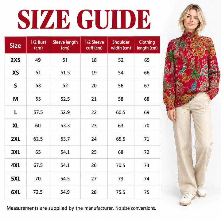 Red floral pullover size guide with an adult model and exact half bust, sleeve, cuff, shoulder and length measurements in cm.