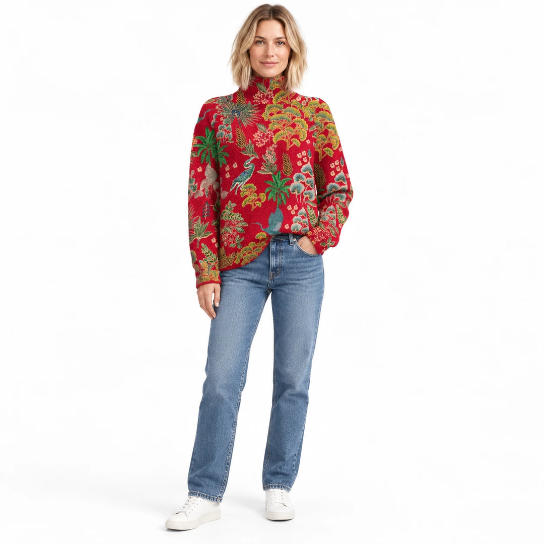 Adult woman wearing the 3D printed sweater in the Bright Red floral design, in a front view against a plain white background.