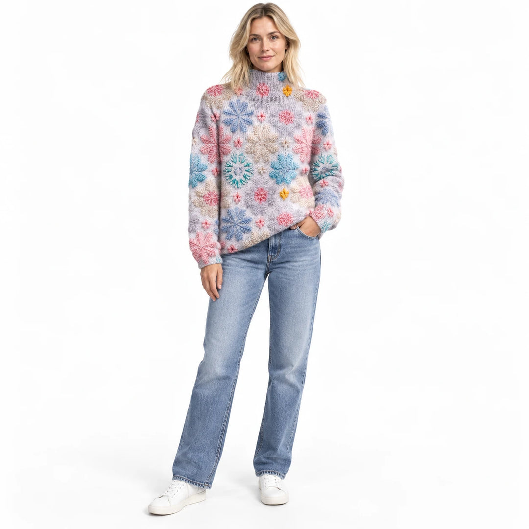 Adult woman wearing the printed high-neck pullover in the Pink design, in a front studio pose against a plain white backdrop.