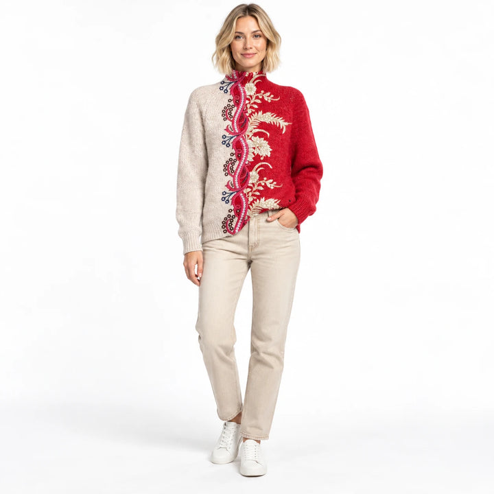 Adult woman shown wearing the printed high-neck pullover in the Beige-Creamy design, in a full-body front view against white.