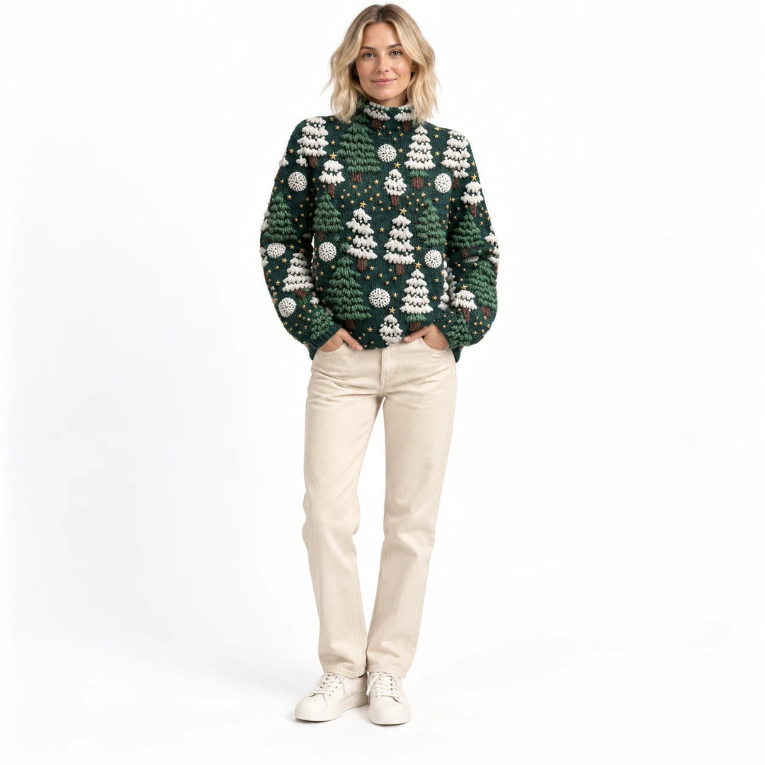 Adult woman wearing the printed high-neck pullover in the Dark Emerald Green design, in a full-body front view against white.