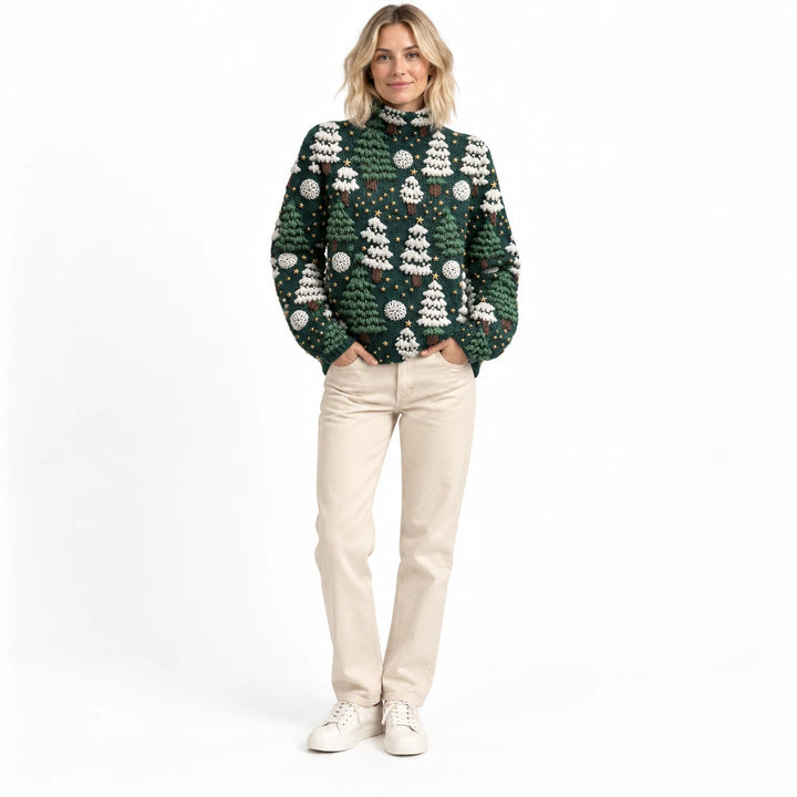 Adult woman wearing the printed high-neck pullover in the Dark Emerald Green design, in a full-body front view against white.