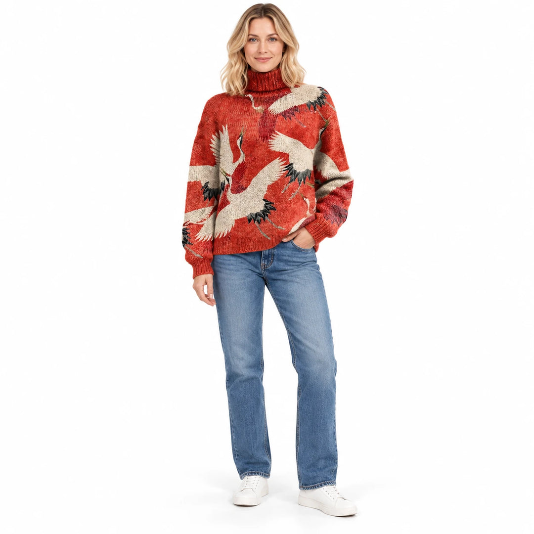 Adult woman wearing the printed high-neck pullover in the Burgundy design, in a front studio pose against a white background.