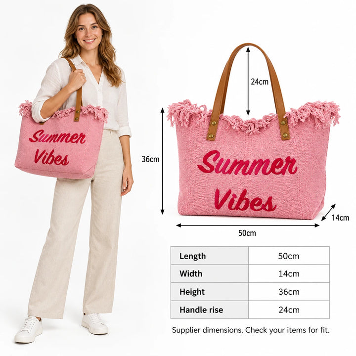 Pink Summer Vibes tote beside an adult model with a dimension diagram showing length, width, height and handle rise on white.