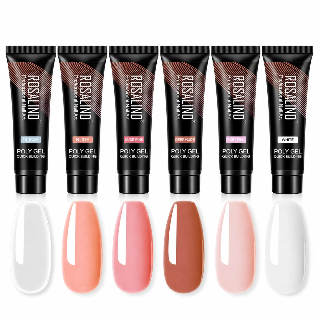 Front detail of six ROSALIND poly gel tubes and matching neutral colour samples from a Soft Nude Gloss selection in a studio.