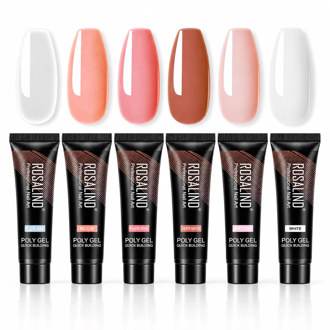 ROSALIND builder gel set with six tubes and matching neutral colour samples, shown together against a white studio background