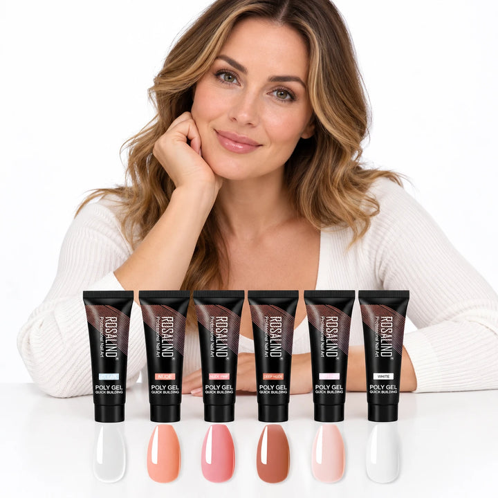 Adult woman presenting six ROSALIND poly gel tubes and corresponding neutral colour samples on a white studio table on white.