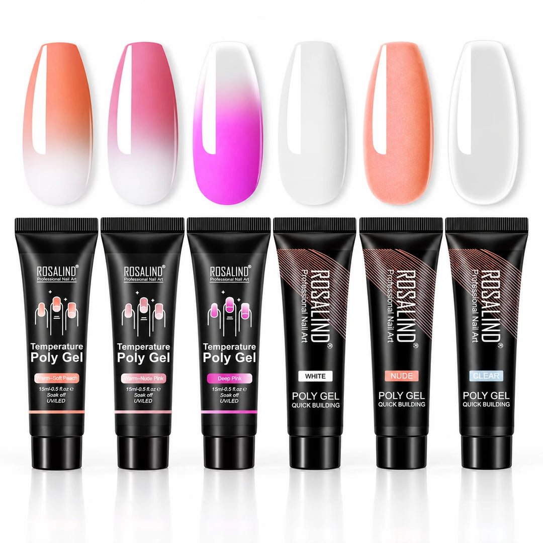 Six ROSALIND poly gel tubes with matching gradient colour samples, displaying the Rose Ombre Shine Set selection in a studio.